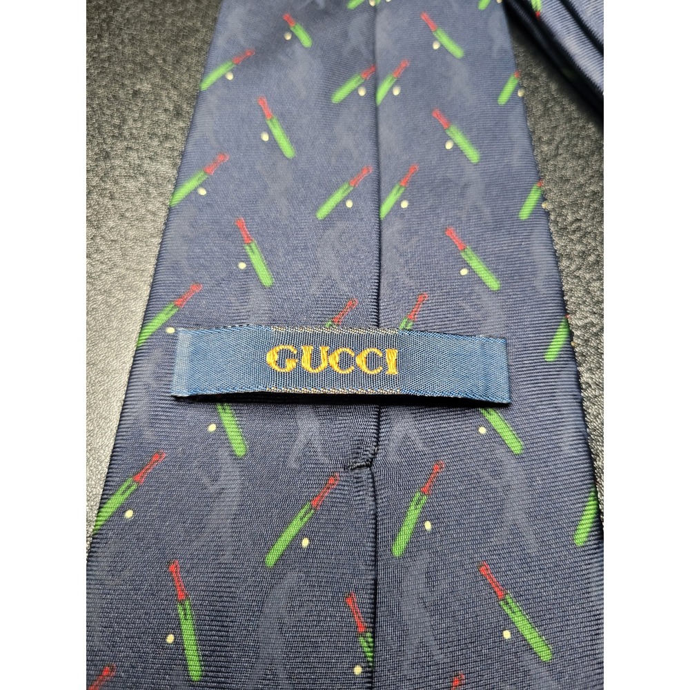 Gucci Men's Necktie Blue Cricket Bat Silk 3.75" x 58" Excellent - Picture 3 of 8